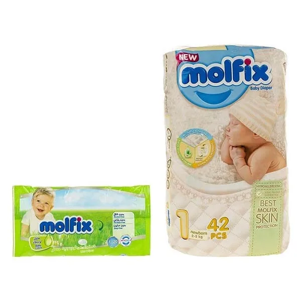 پوشک مولفیکس نوزادی به همراه دستمال مرطوب شماره ۱ Molfix