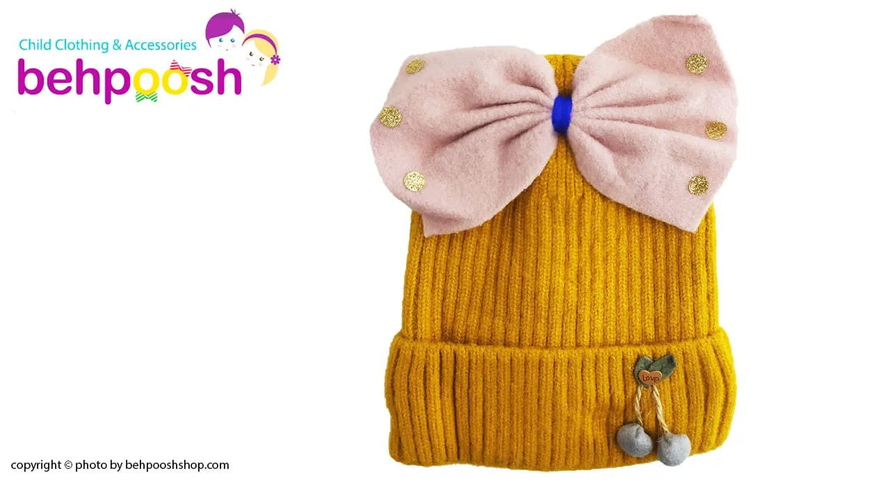 کلاه بافتنی دخترانه تو کرکی طرح پاپیون بزرگ