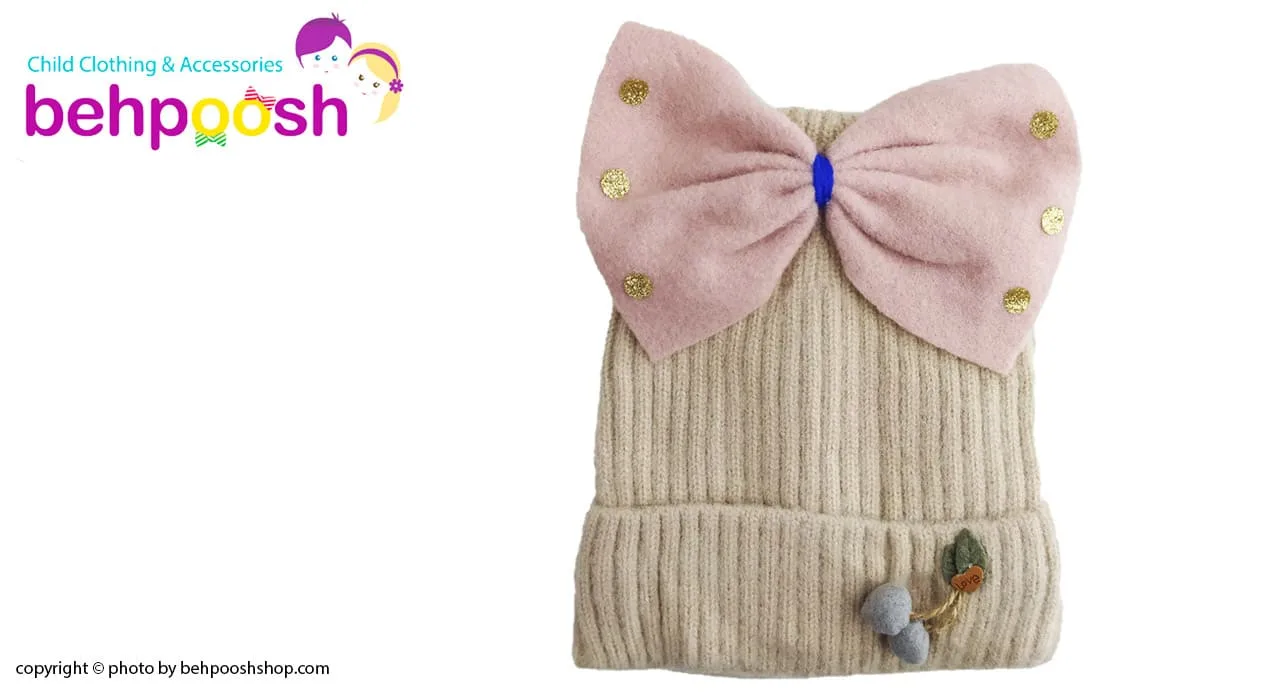 کلاه بافتنی دخترانه تو کرکی طرح پاپیون بزرگ