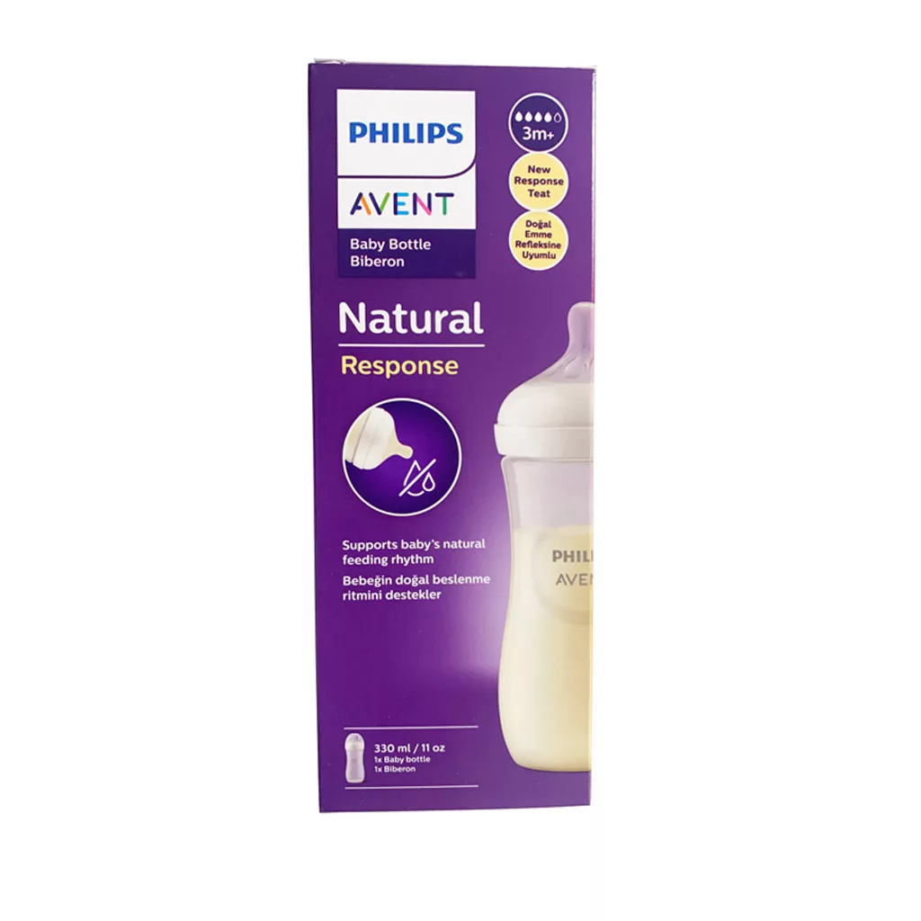 شیشه شیر اونت ریسپانس نچرال تکی جعبه ای 330 میل 3+ماه 4قطره Avent