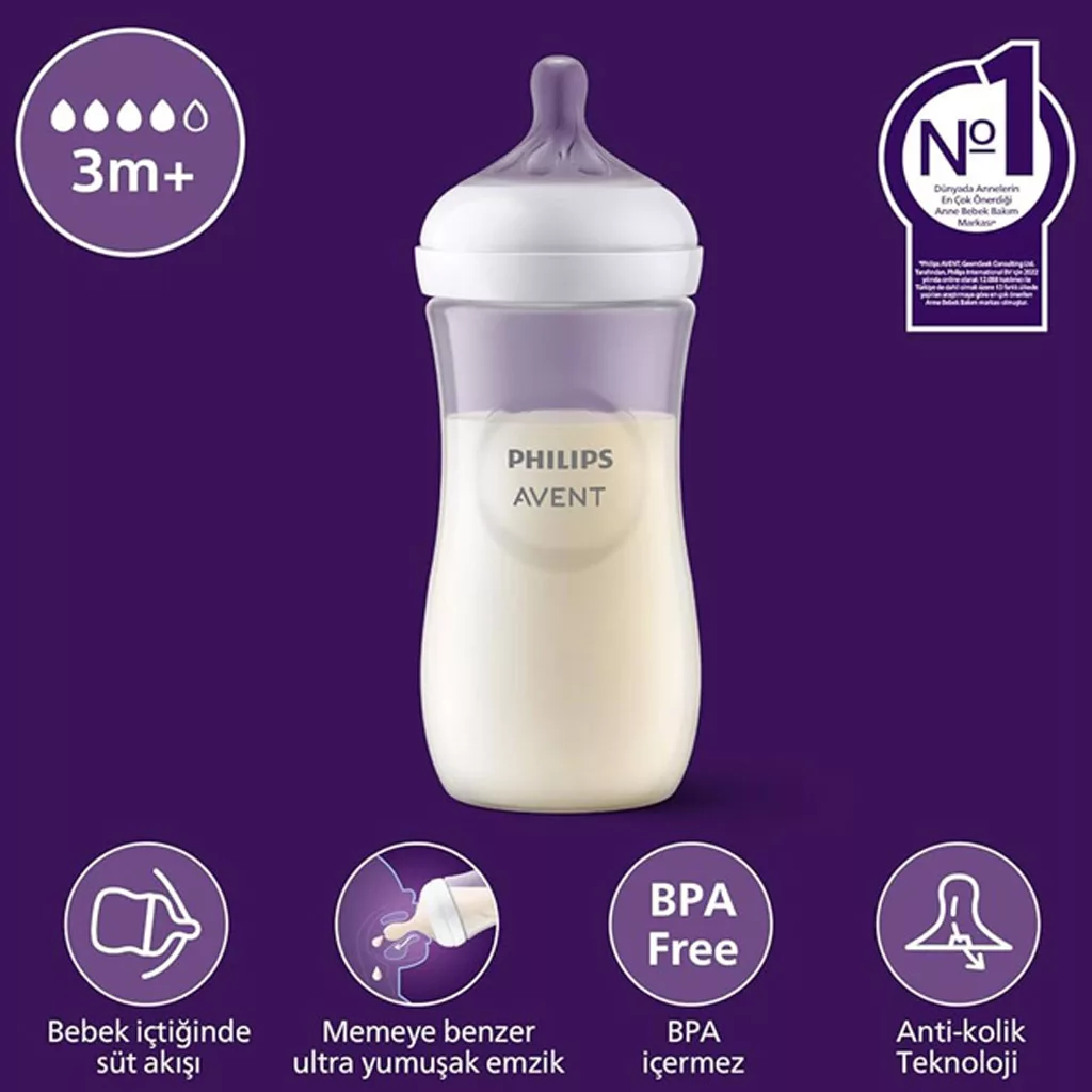 شیشه شیر اونت ریسپانس نچرال تکی جعبه ای 330 میل 3+ماه 4قطره Avent