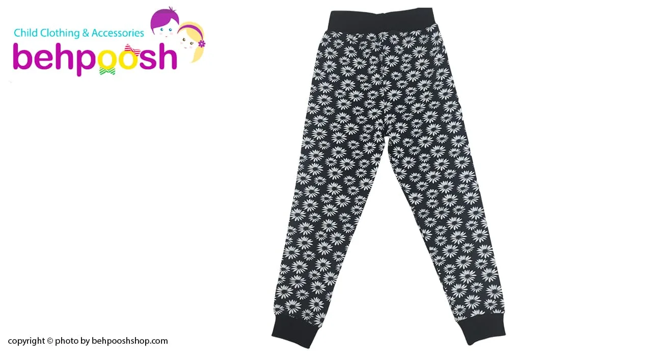 شلوار راحتی بچگانه گل گلی مشکی سفيد Mahdi