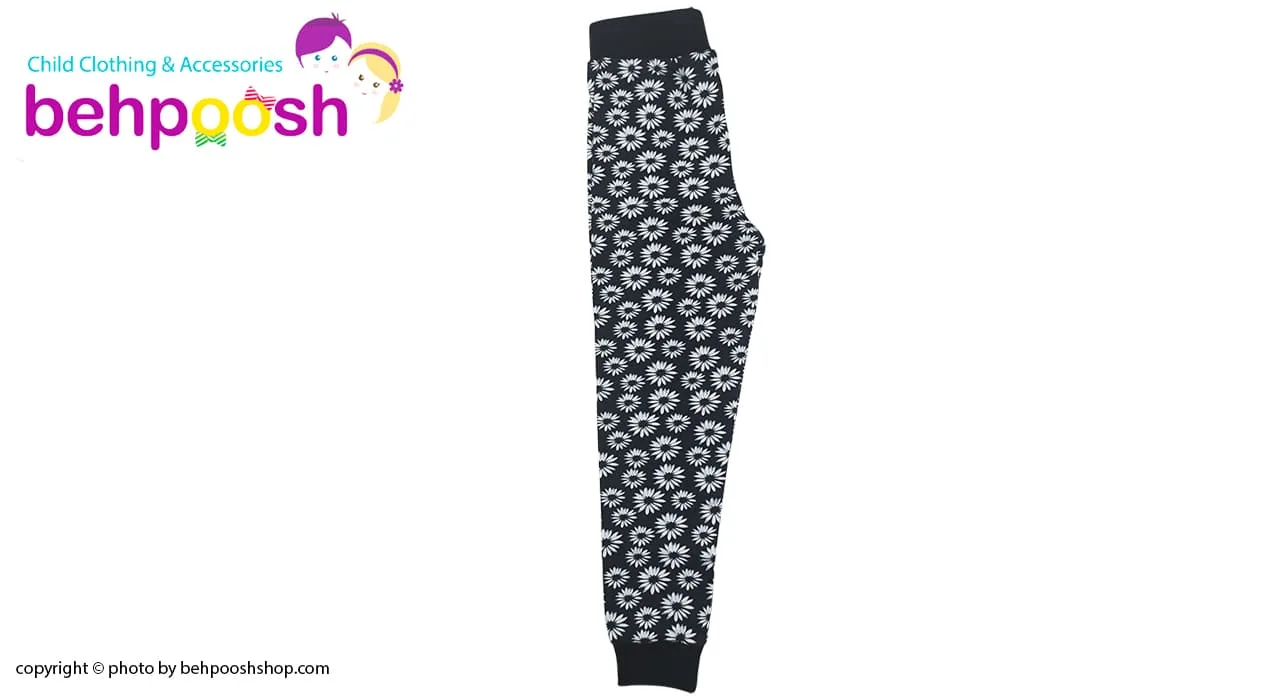 شلوار راحتی بچگانه گل گلی مشکی سفيد Mahdi