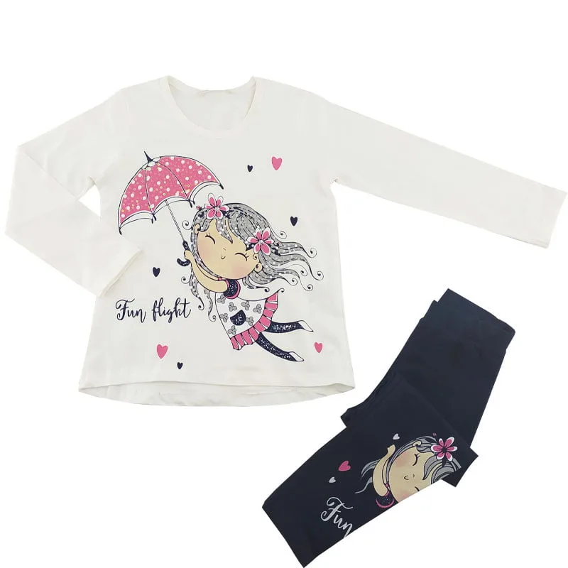 ست بلوز آستین بلند و شلوار دخترانه طرح دختر چتری شیری