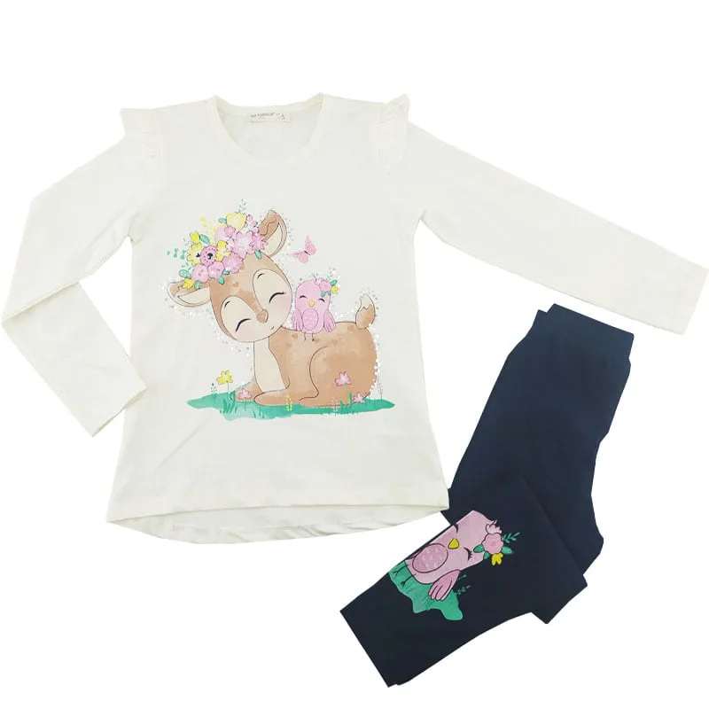 ست بلوز شلوار راحتی دخترانه طرح آهو رنگ شیری