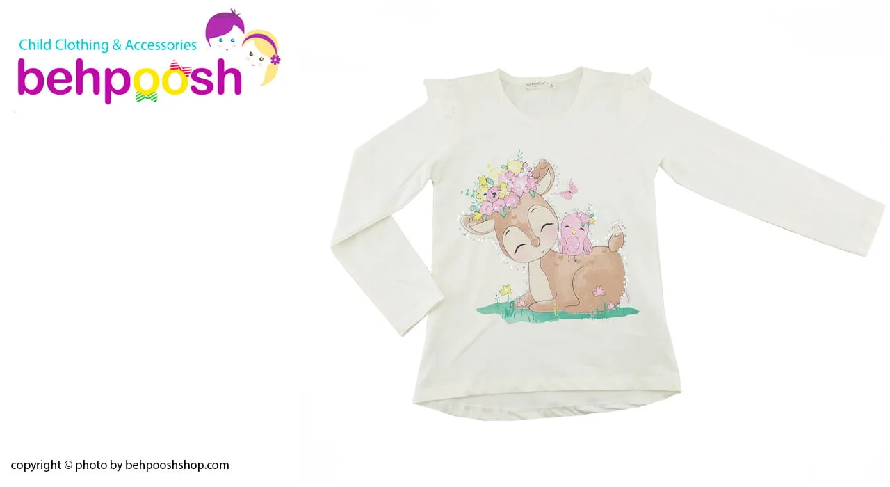 ست بلوز شلوار راحتی دخترانه طرح آهو رنگ شیری