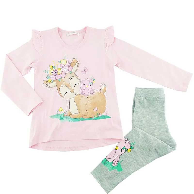 ست بلوز آستین بلند و شلوار دخترانه طرح آهو صورتی