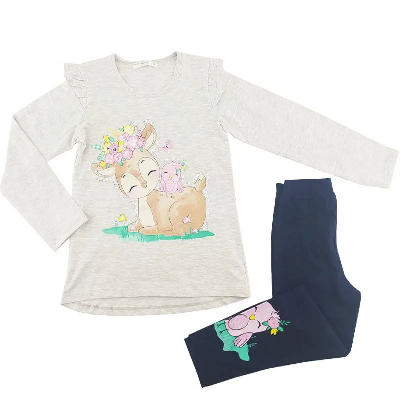 ست بلوز آستین بلند و شلوار دخترانه طرح آهو نسکافه ای