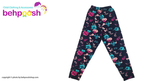 شلوار راحتی دخترانه طرح شکوفه سرمه ای 2 تا 8 سال