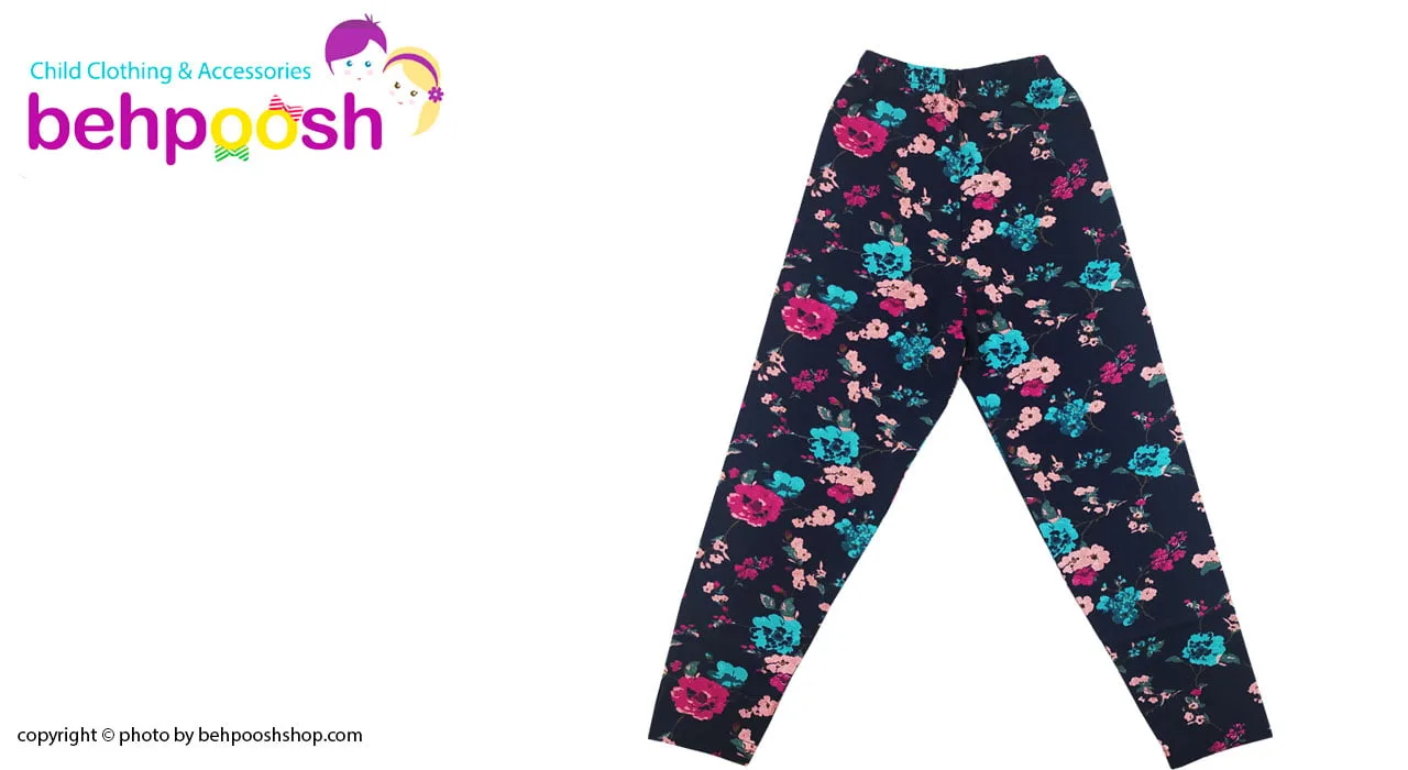 شلوار راحتی دخترانه طرح شکوفه سرمه ای 2 تا 8 سال