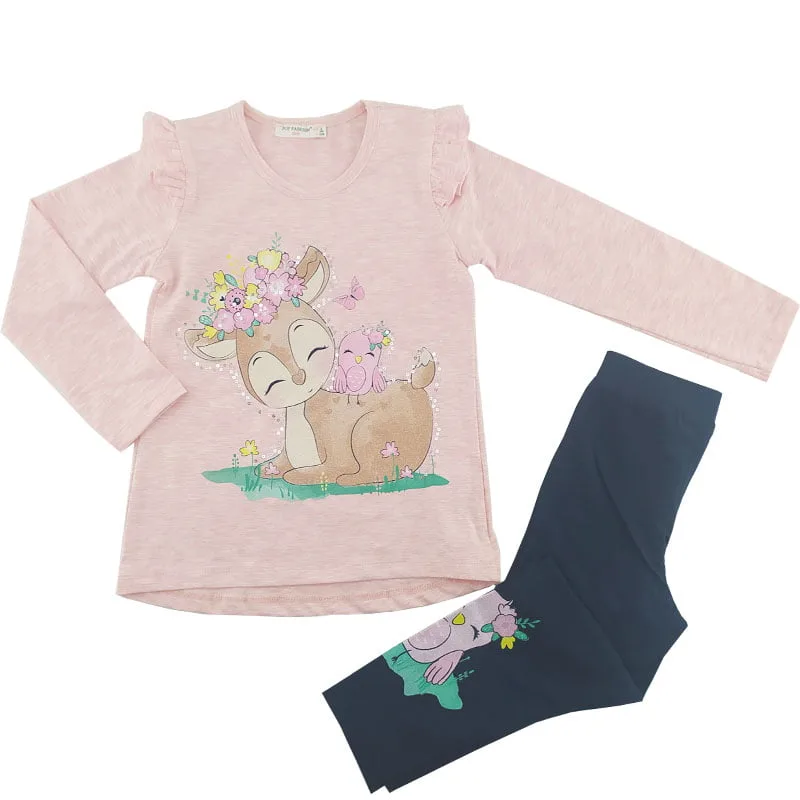 ست بلوز آستین بلند و شلوار دخترانه طرح آهو گلبهی