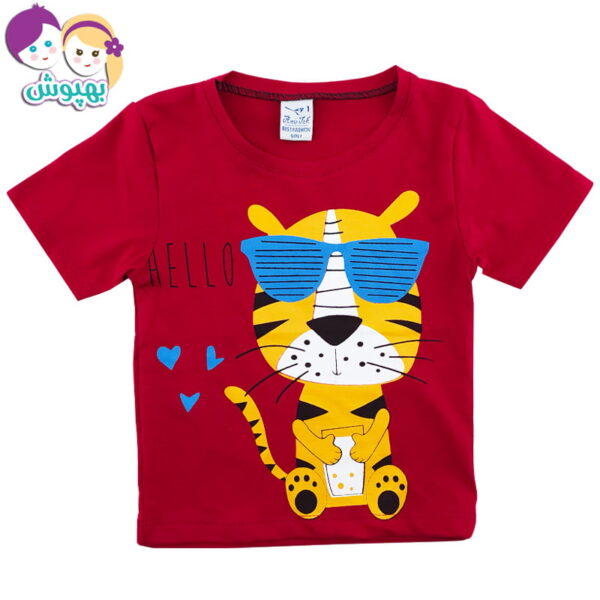 ست تیشرت شلوارک بچگانه طرح ببر عینکی زرشکی Amirtak