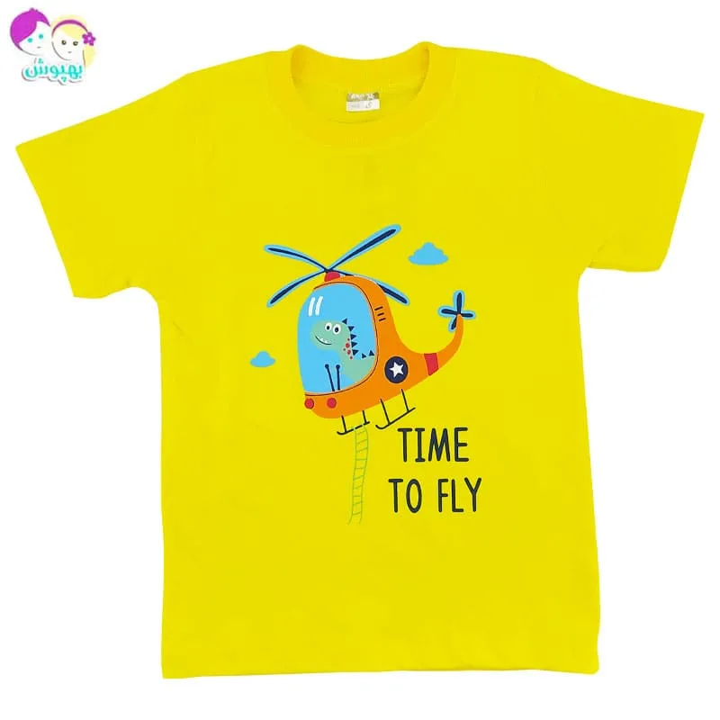 ست تیشرت شلوارک بچگانه رنگ زرد دایناسور خلبان Anil