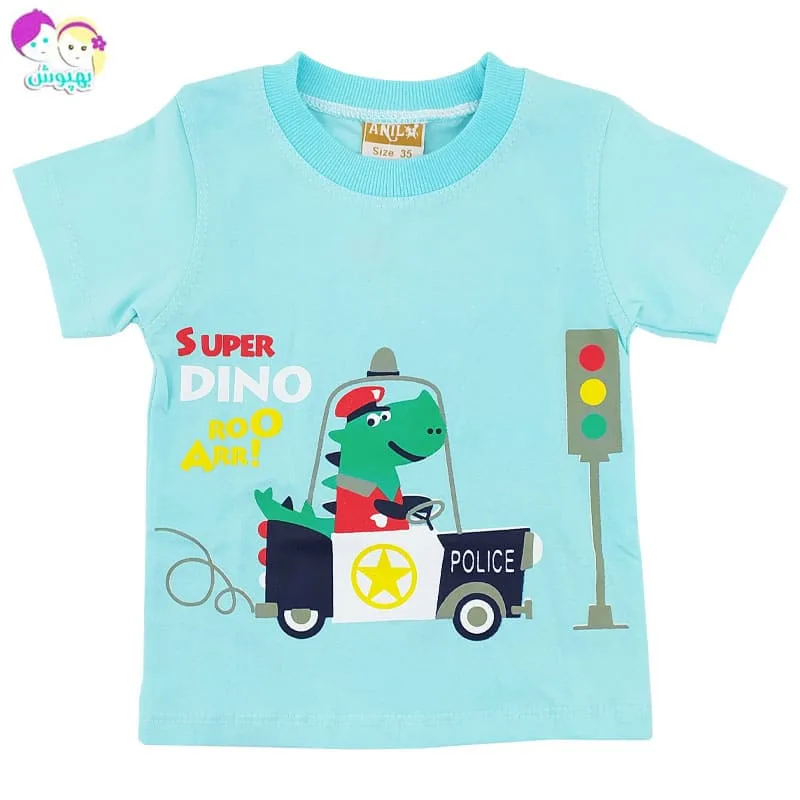 ست تیشرت شلوارک بچگانه رنگ فیروزه ای دایناسور پلیس Anil
