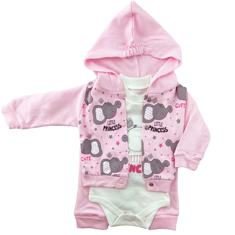 ست سویشرت کلاه دار سه تکه فیل و تاج صورتی Babyim