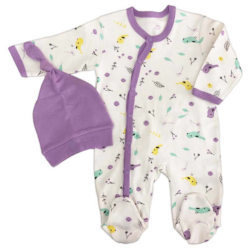 سرهمی و کلاه نوزاد طرح گنجشک بنفش Minisse