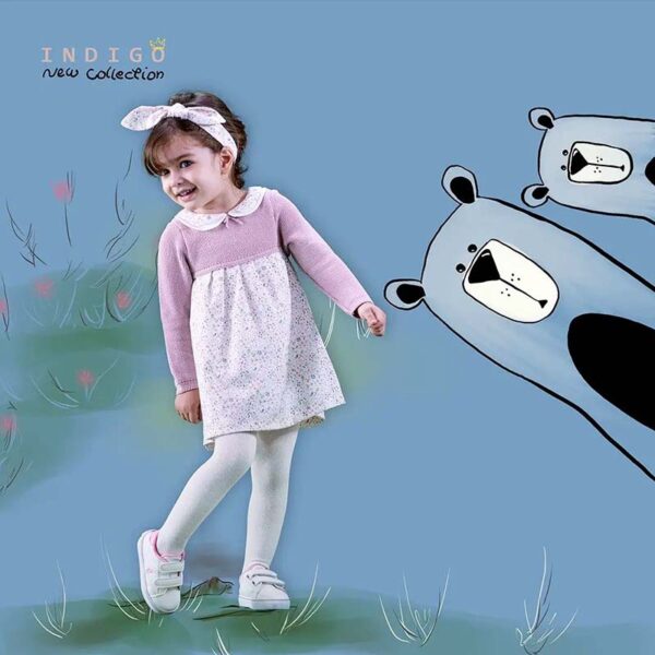 پیراهن دخترانه بافت گلدار صورتی ایندیگو indigo1