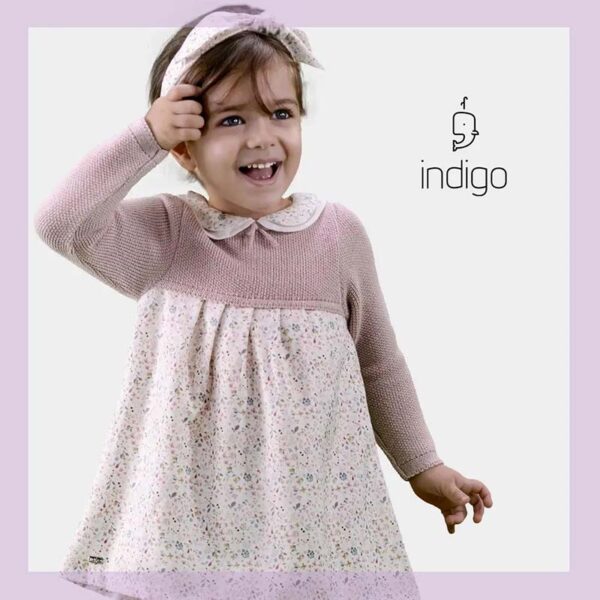 پیراهن دخترانه بافت گلدار صورتی ایندیگو indigo