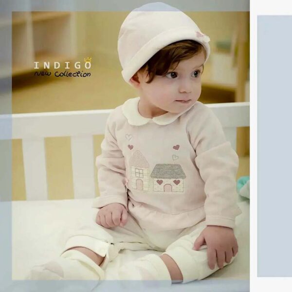 سرهمی چین دار و کلاه نوزاد طرح خانه ایندیگو