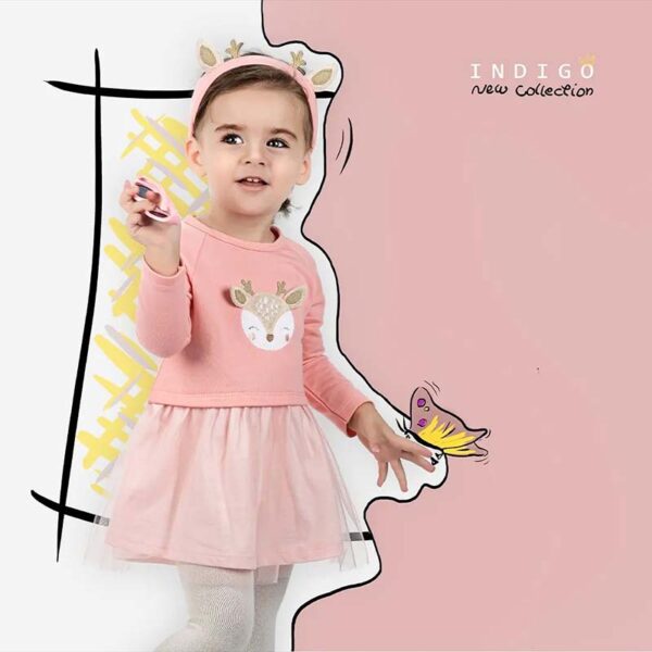 پیراهن نخی آستین بلند طرح گوزن ایندیگو indigo