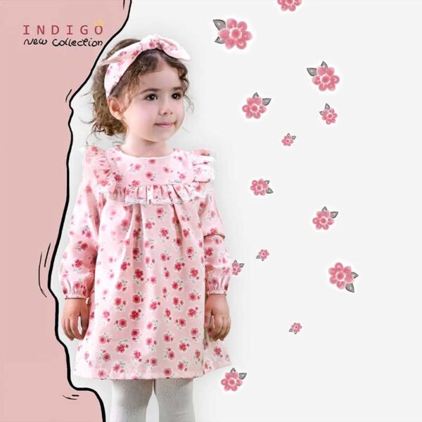 پیراهن مجلسی دخترانه گل دار صورتی ایندیگو