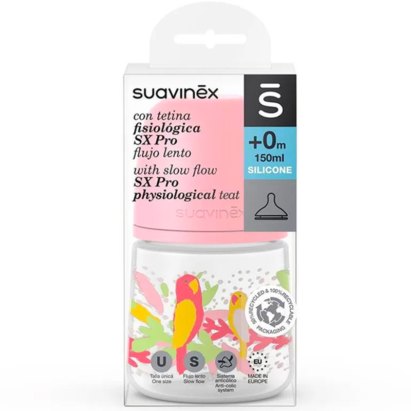شیشه شیر بادامی 0+ ماه جنگل 150میل suavinex صورتی