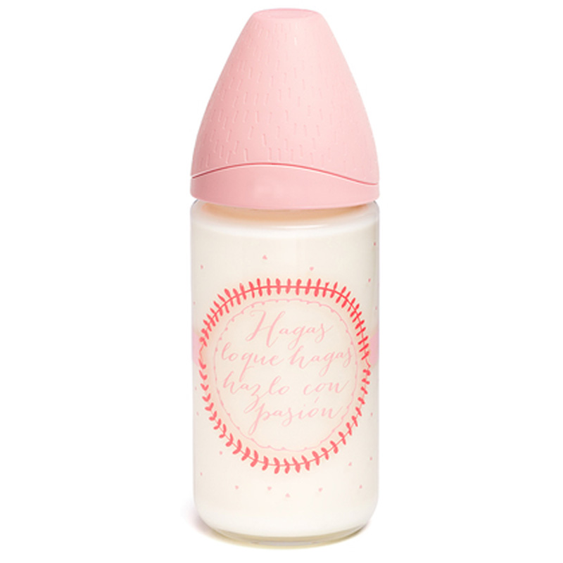 شیشه شیر پیرکس 0-6 ماه نوشته دار 240 میل suavinex صورتی