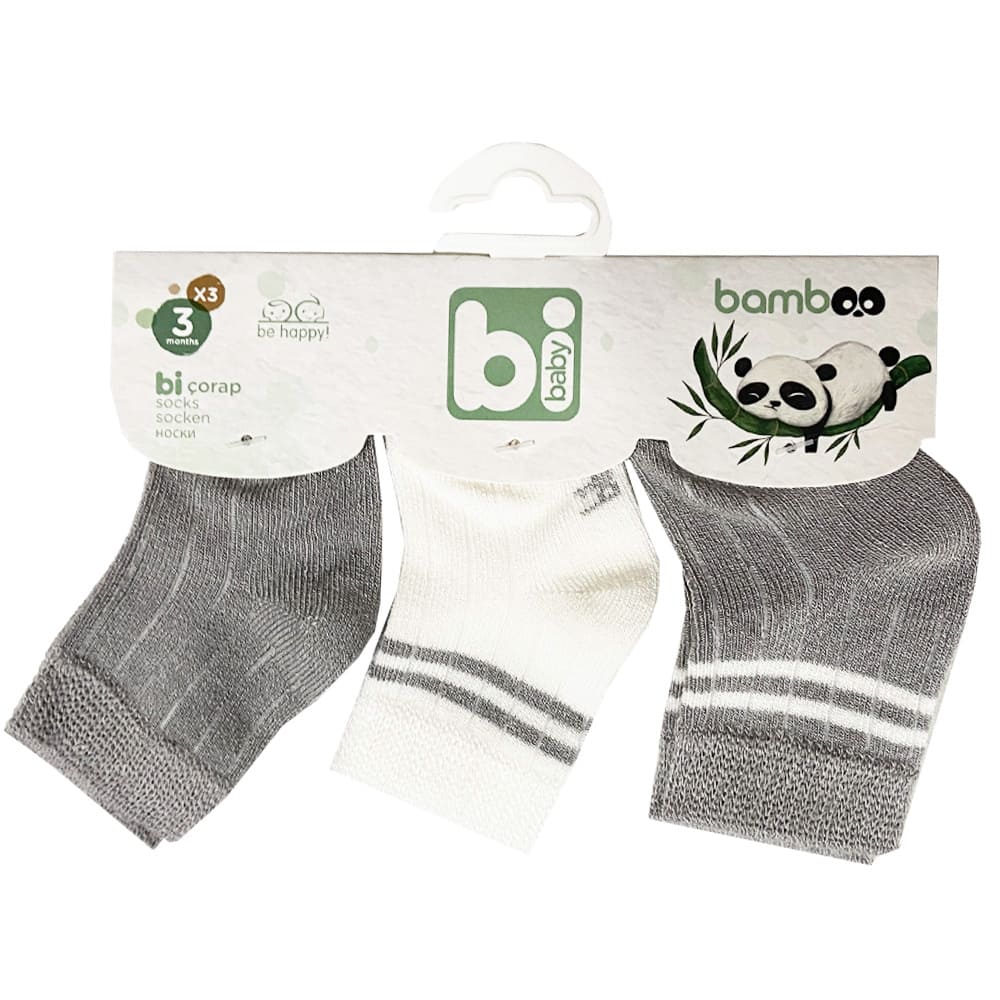 جوراب نوزادی 3 عددی آبی راه راه Bi Baby طوسی