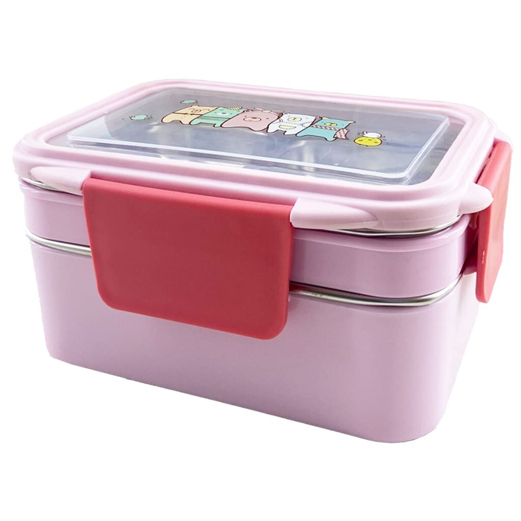 ظرف غذا (لانچ باکس) دو طبقه استیل خرس و گنجشک صورتی