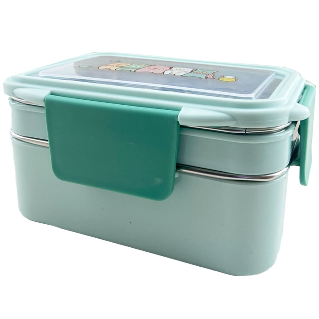 ظرف غذا (لانچ باکس) دو طبقه استیل خرس و گنجشک سبز