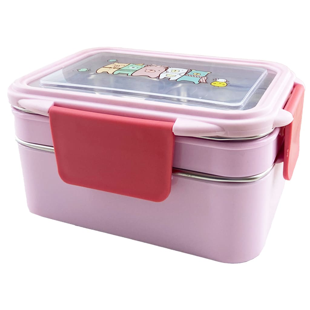 ظرف غذا (لانچ باکس) دو طبقه استیل خرس و گنجشک صورتی