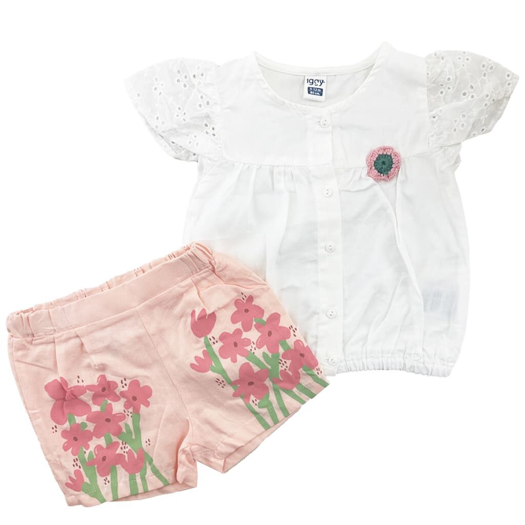 ست تیشرت و شورتک دخترانه خامه دوزی سفید Iggy