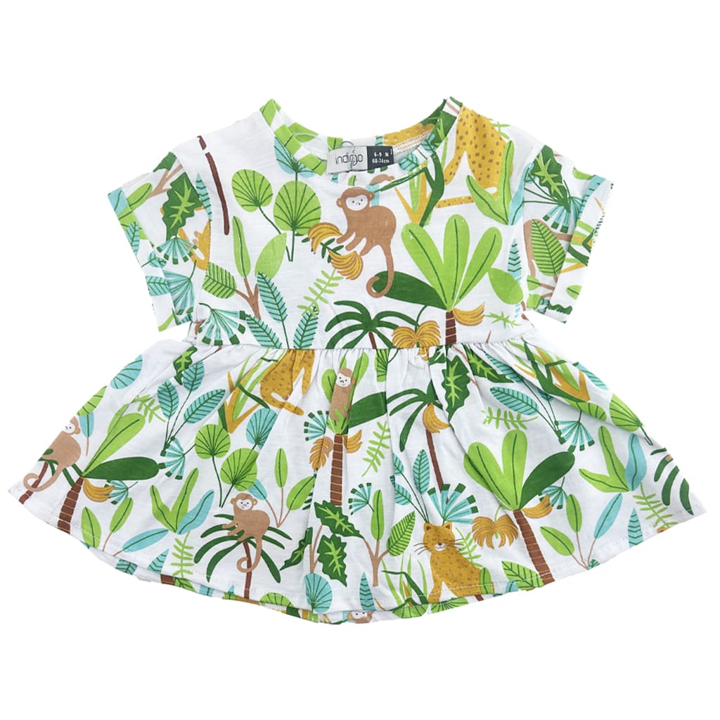 پیراهن دخترانه نخی طرح میمون و درخت ایندیگو indigo3
