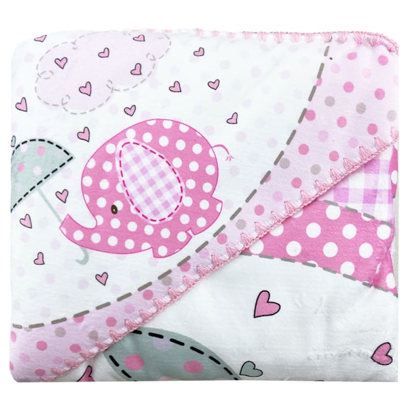 پتو مخمل کلاه دار نوزادی طرح فیل و چتر صورتی