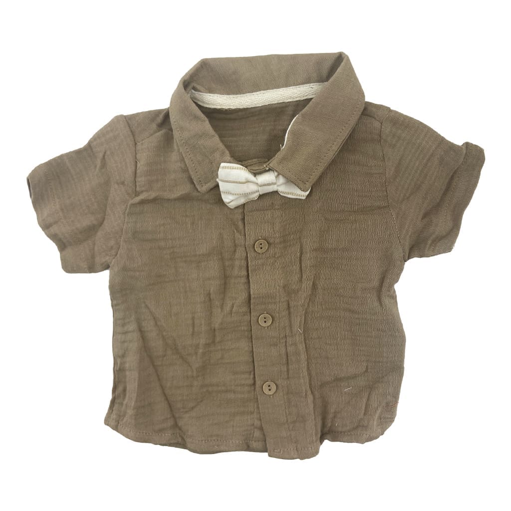 سرهم راه راه و پیراهن پاپیون دار پسرانه کرمی Bebezade3