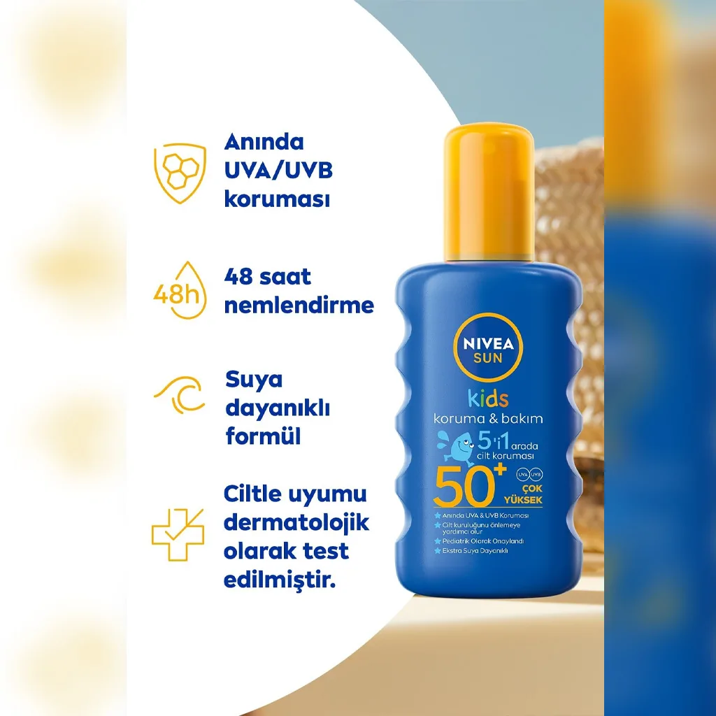 اسپری ضد آفتاب 5در1 نیوا SPF50 مقاوم در برابر آب مرطوب كننده 200میل Nivea