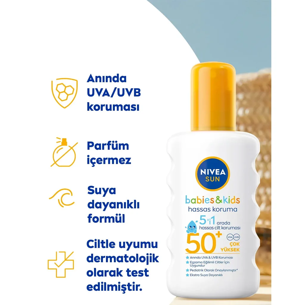 اسپری ضد آفتاب 5در1 نیوا SPF50 مقاوم برابر آب مرطوب كننده پوست های حساس 200میل Nivea