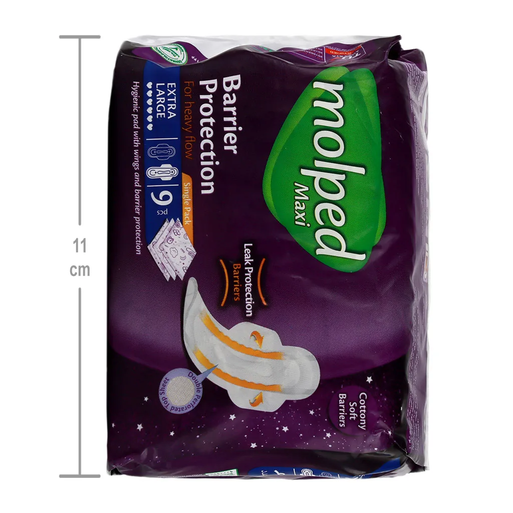 نوار بهداشتی مولپد Maxi Barrier بریر رویه مشبک 9تایی نیمه ضخیم ویژه مخصوص شب خیلی بزرگ Molpad