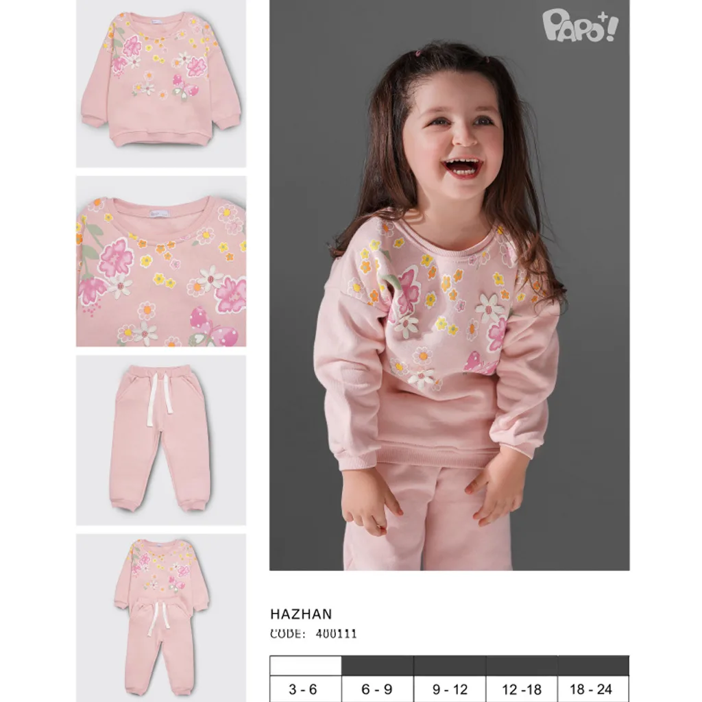 بلوز شلوار پاپو Hazhan گل پروانه نخ کرکی صورتی پاپو Papo