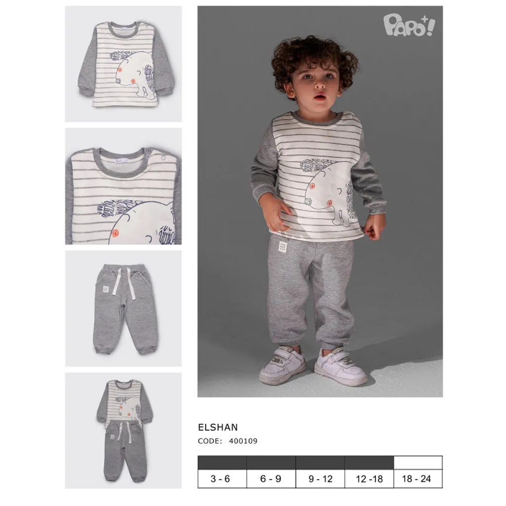 بلوز شلوار پاپو مدل Elshan سگ راه راه نخ کرکی سفید طوسی Papo