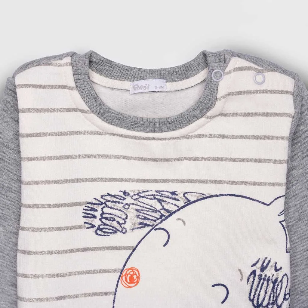 بلوز شلوار پاپو مدل Elshan سگ راه راه نخ کرکی سفید طوسی Papo