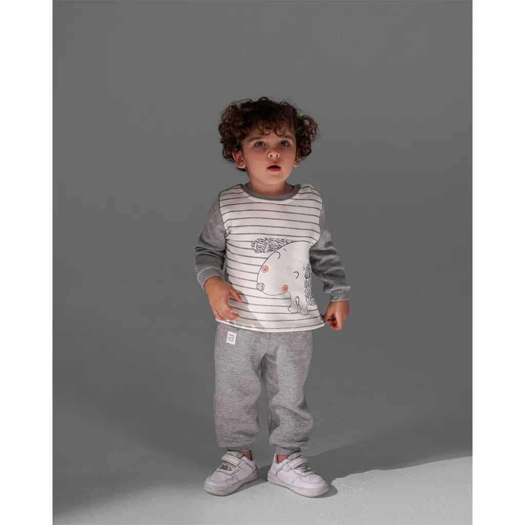 بلوز شلوار پاپو مدل Elshan سگ راه راه نخ کرکی سفید طوسی Papo