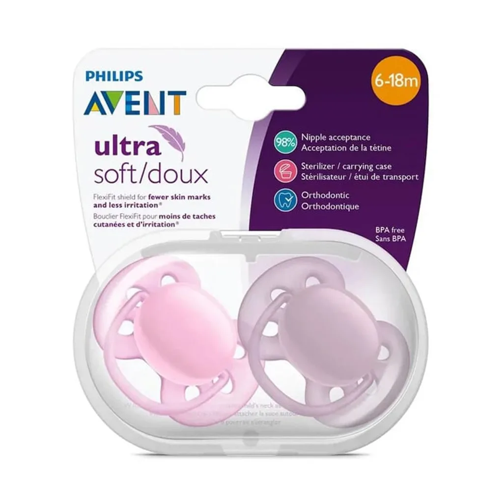 پستانک اونت 2عددی اولترا سافت Ultra Soft 6-18 بنفش صورتی ساده Avent
