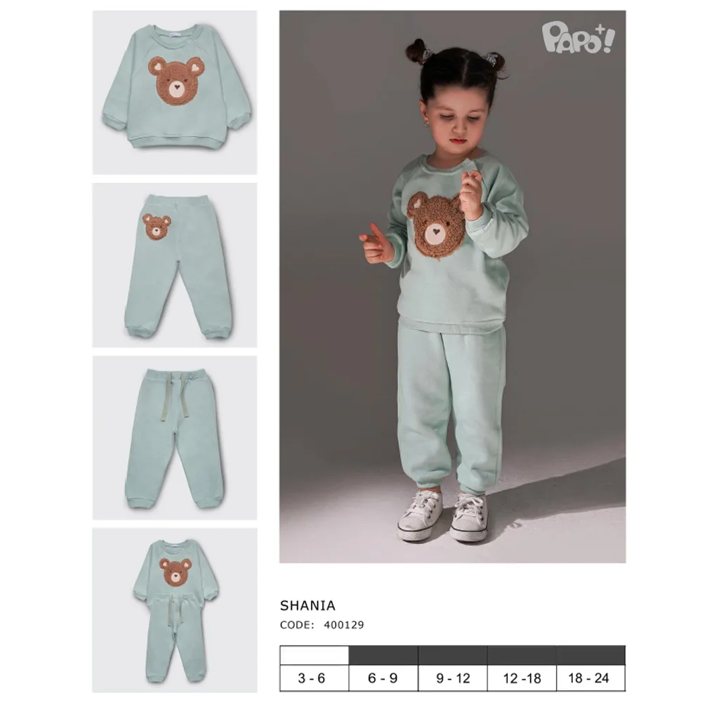 بلوز شلوار پاپو Shania خرس تکه دوزی پولیشی سبز دریایی Papo