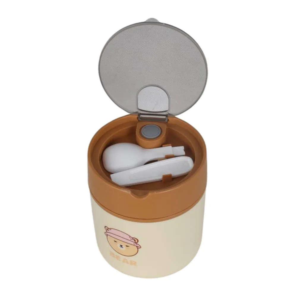 فلاسک غذا استیل قاشقدار چاپ خرس Bear کلاهدار Soup Cup