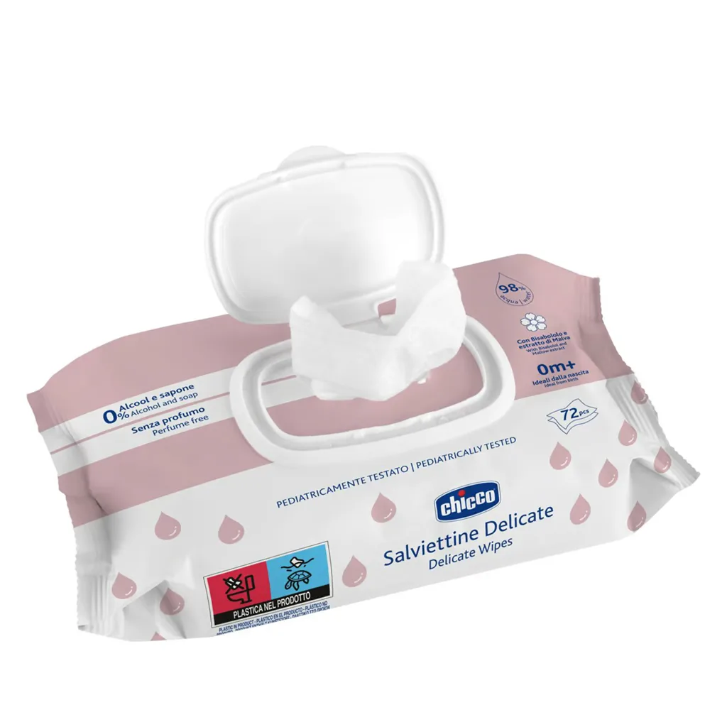 دستمال مرطوب چیکو salviettine Delicate دربدار 72عددی 2رنگ 98درصد آب chicco
