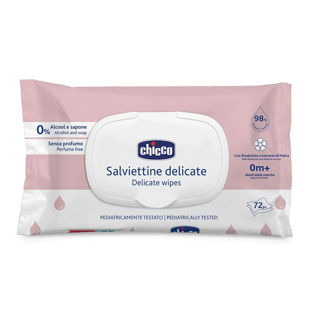 دستمال مرطوب چیکو salviettine Delicate دربدار 72عددی 2رنگ 98درصد آب chicco