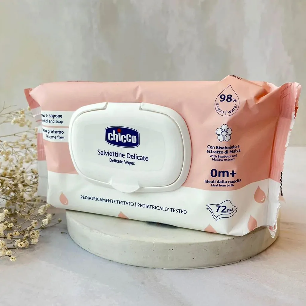 دستمال مرطوب چیکو salviettine Delicate دربدار 72عددی 2رنگ 98درصد آب chicco