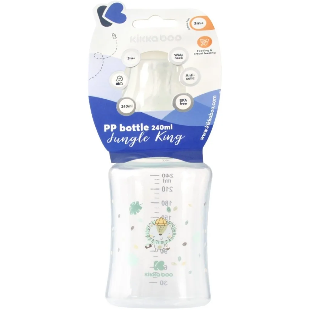 شیشه شیر کیکابو پلی پروپلین Jungle king PP برگ شیر 3+ماه 240میل Kikkaboo