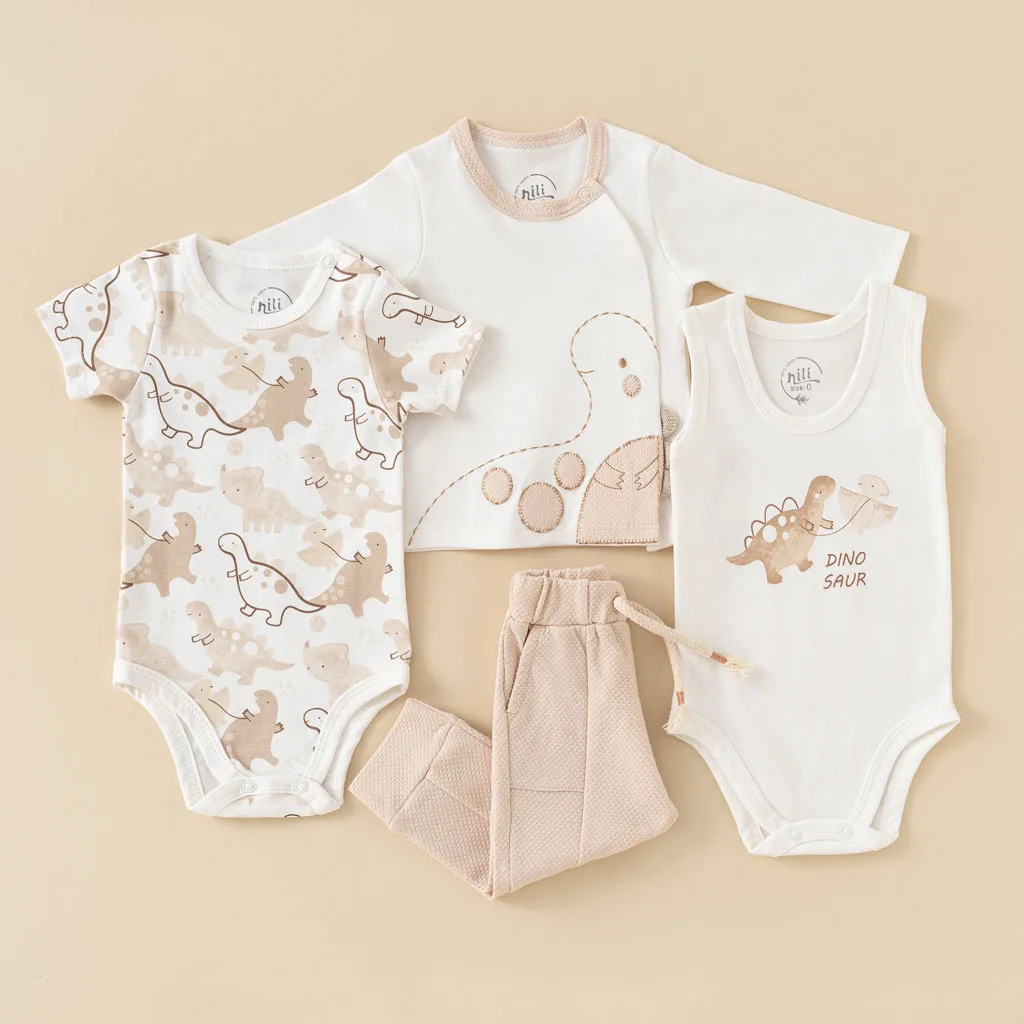 سرویس 13تکه جعبه ای پنبه دایناسور DinoSaur سفید کرم نیلی Nili